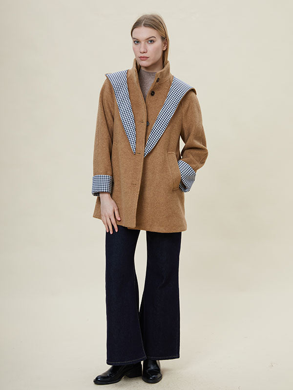 Hooded Checkered Patchwork Design Coat