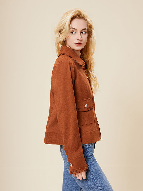 Ruffle Trim Flap Pocket Zipper Solid Jacket