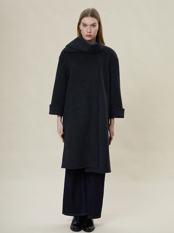 Unique Scarf Collar Button Solid Coat