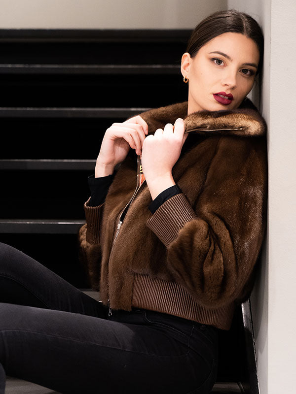 Rib Knit Cuffs Lapel Zipper Jacket