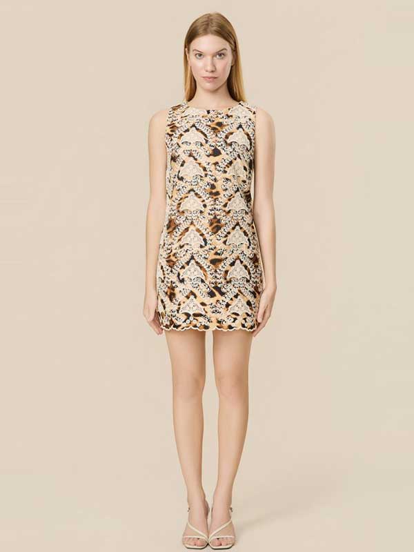 Animal Printed Decorative Lace Mini Dress