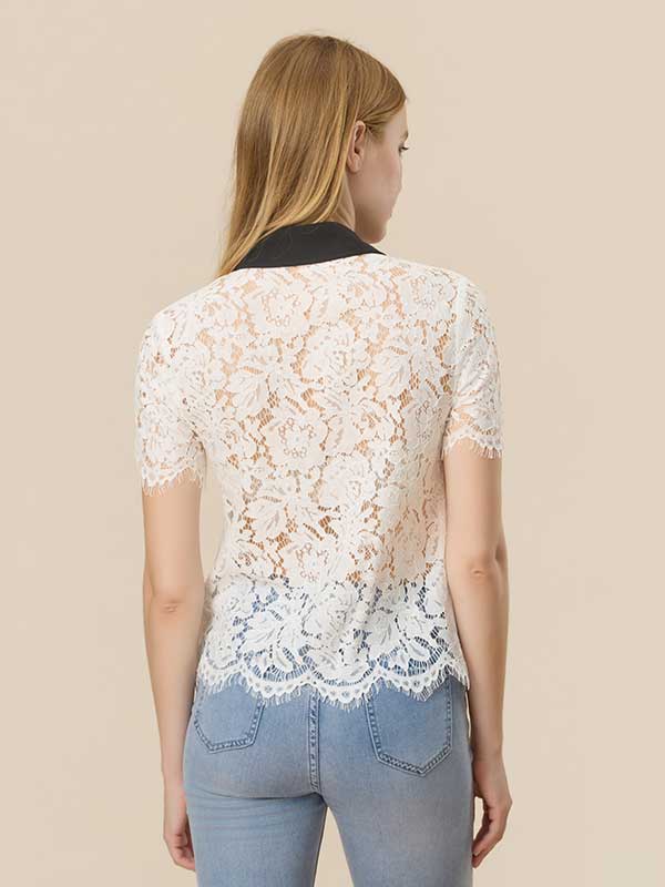 Color Block Lace See Through Shirt
