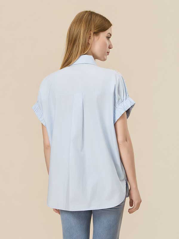 Ruffle Trim Beading Patcwork Shirt