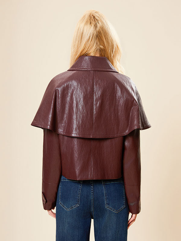 Fold Over Collar Solid Poncho Leather Jacket