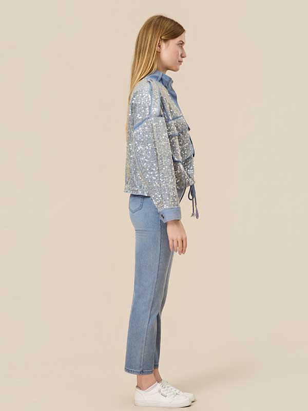 Color Block Sequin Drawstring Jacket