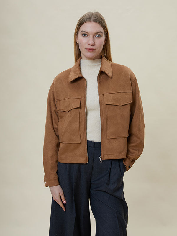 Flap Pocket Zipper Brown Jacket