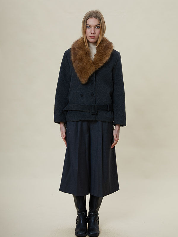 Fur Collar Blet Double Breasted Coat