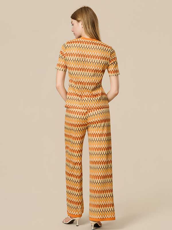 Wave Striped Round Neck Outfit Sets