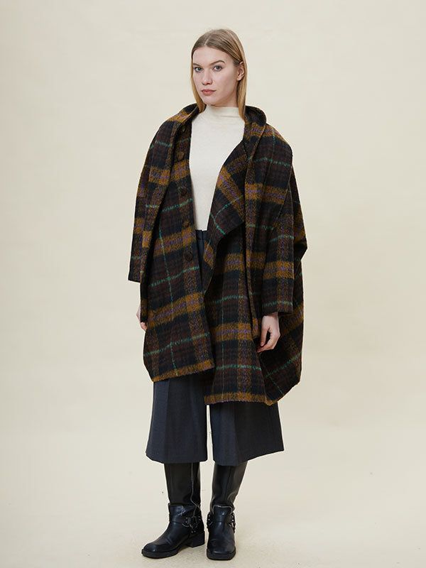 Scarf Collar Checkered Design Coat
