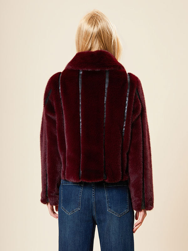 Leather Patchwork Fold Over Collar Fur Coat