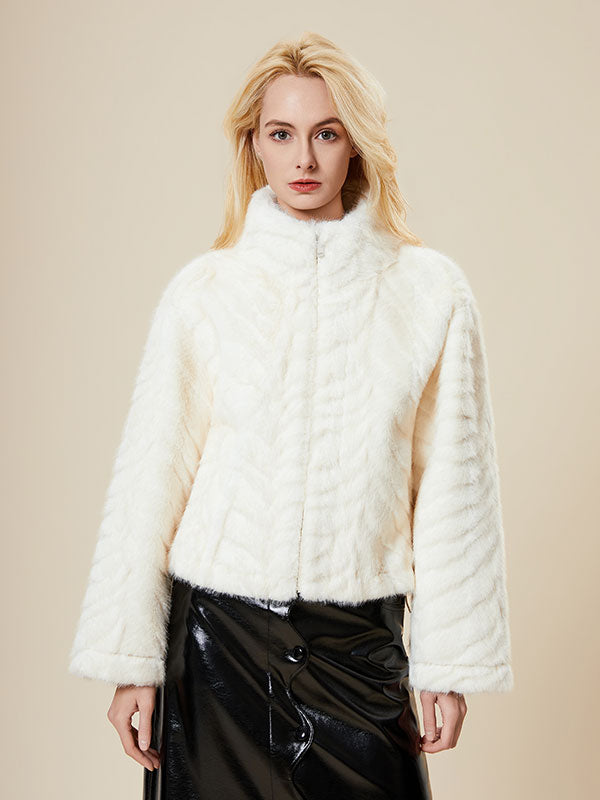 Elegant Band Collar Zipper Solid Fur Coat
