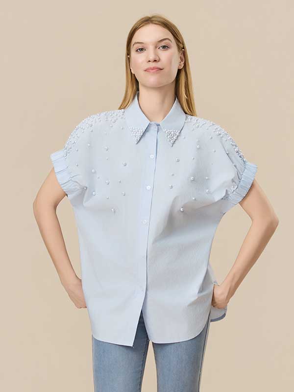 Ruffle Trim Beading Patcwork Shirt