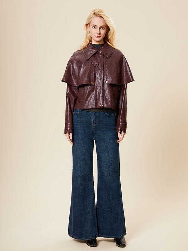 Fold Over Collar Solid Poncho Leather Jacket