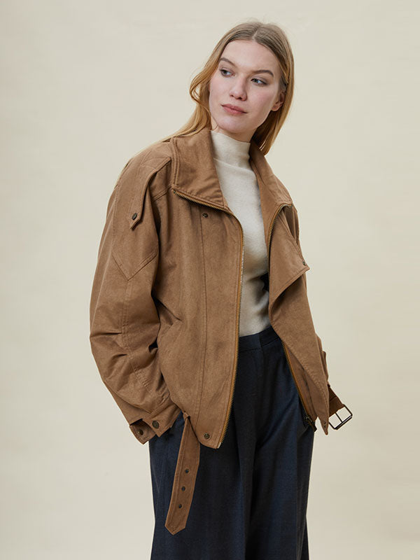 Meilade Lapel Belt Zipper Jacket