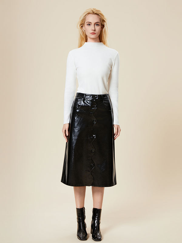 Black Single Breasted Solid Leather Midi Skirt