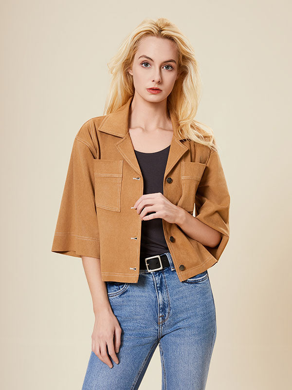 Notch Lapel Patch Pocket Solid Blouse