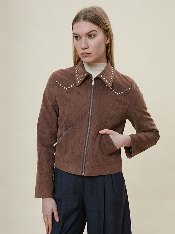 Rivet Fold Over Collar Stylish Jacket