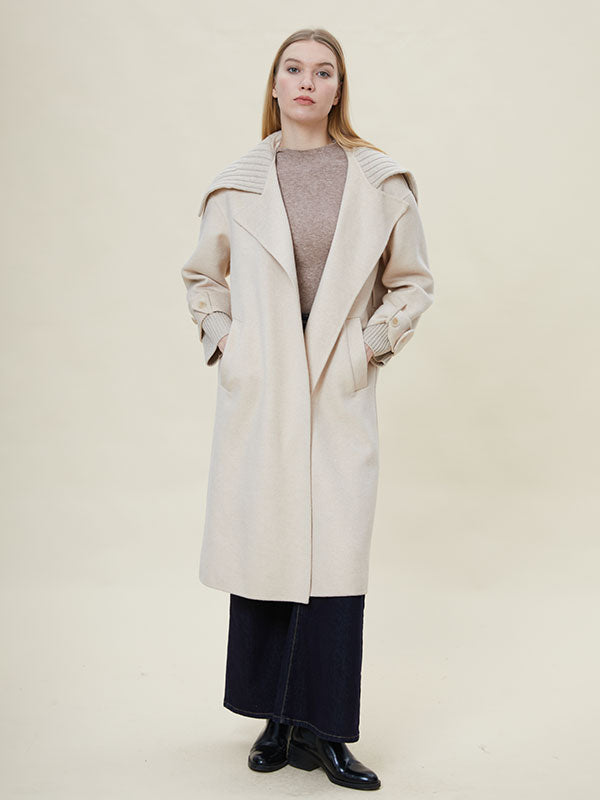 Lapel Rib Knit Cuffs Patchwork Coat