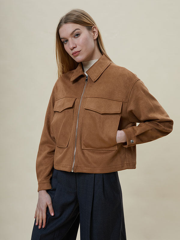 Flap Pocket Zipper Brown Jacket