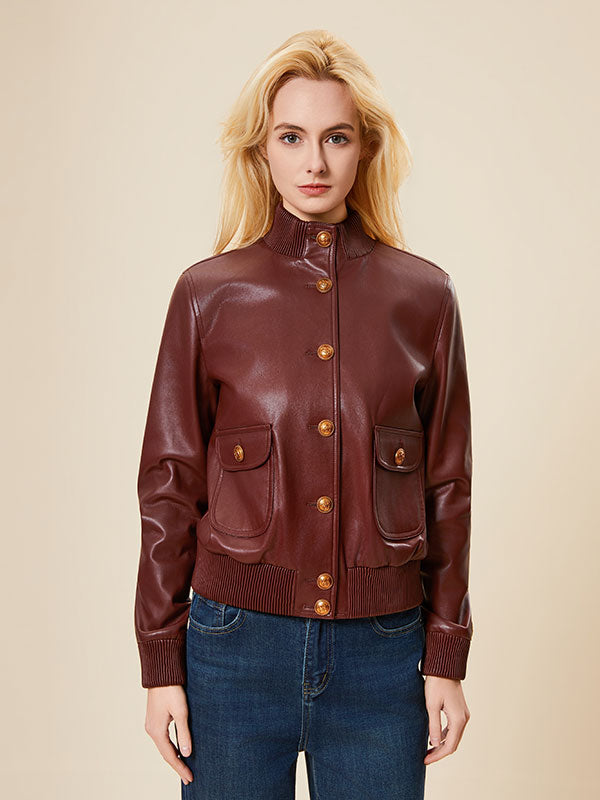 Rib Knit Cuffs Band Collar Leather Jacket