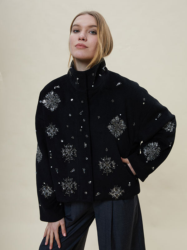 Shinning Band Collar Beading Outwear