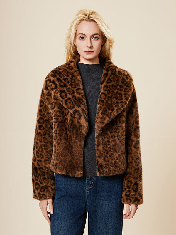 Leopard Printed Lapel Snap Front Fur Coat