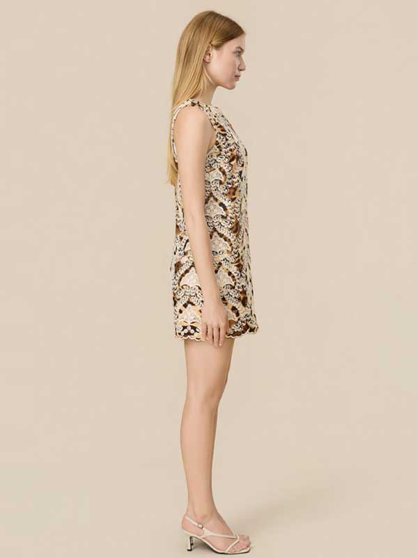 Animal Printed Decorative Lace Mini Dress