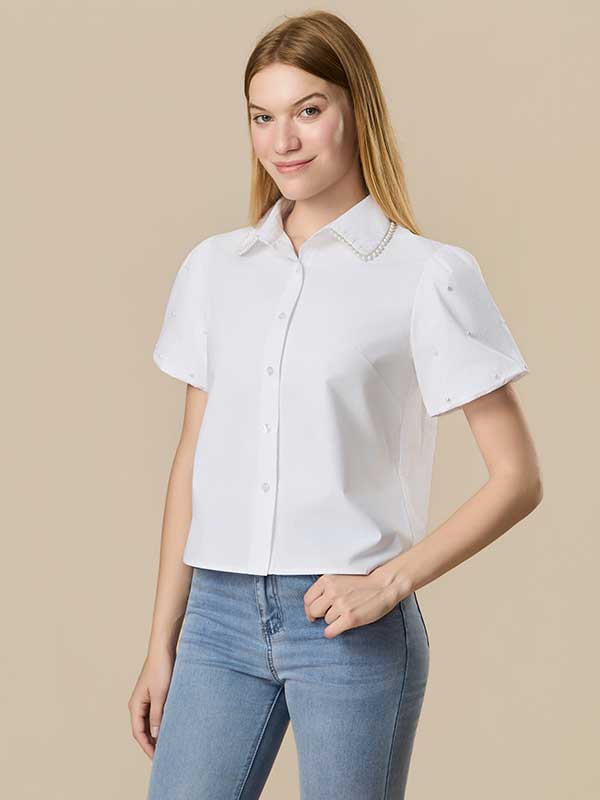 Beading Single Breasted White Shirt