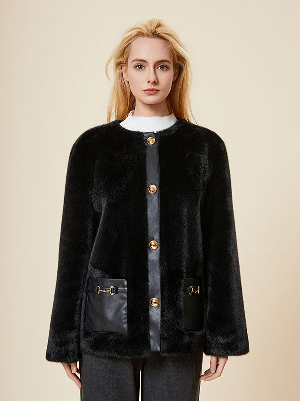 Round Neck Faux Fur Black Coat