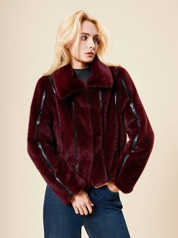 Leather Patchwork Fold Over Collar Fur Coat