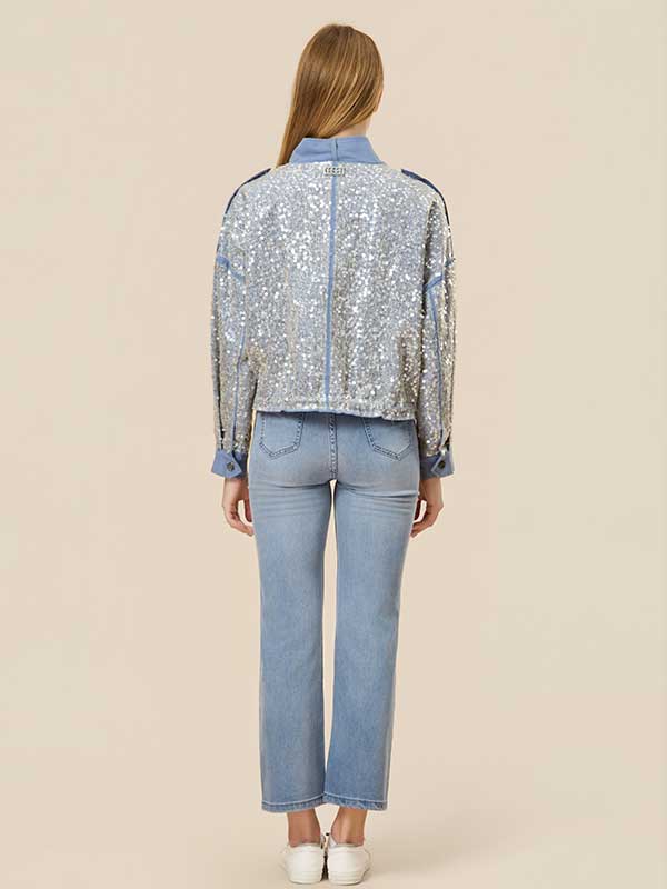 Color Block Sequin Drawstring Jacket