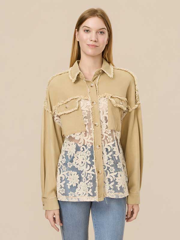 Frayed Trim Lace Patchwork Shirt