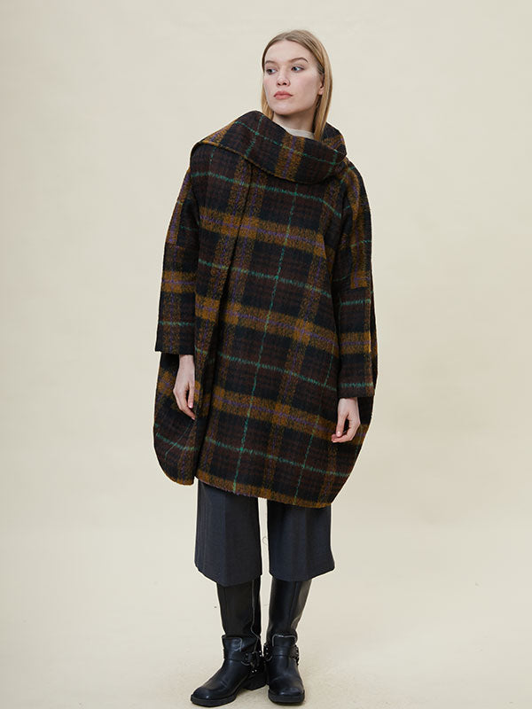 Scarf Collar Checkered Design Coat
