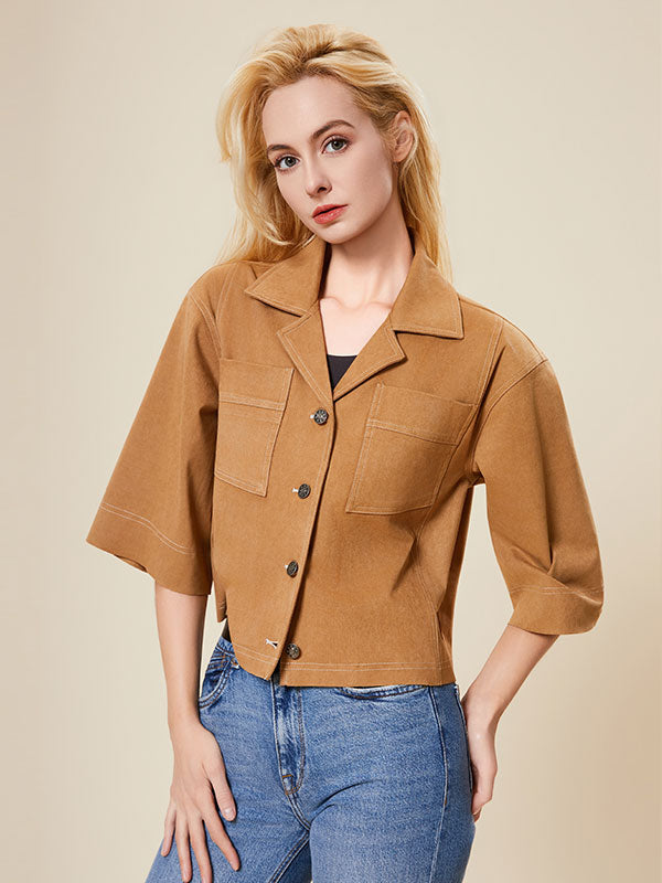Notch Lapel Patch Pocket Solid Blouse