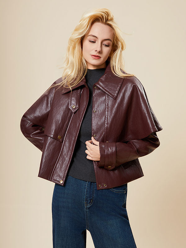 Fold Over Collar Solid Poncho Leather Jacket