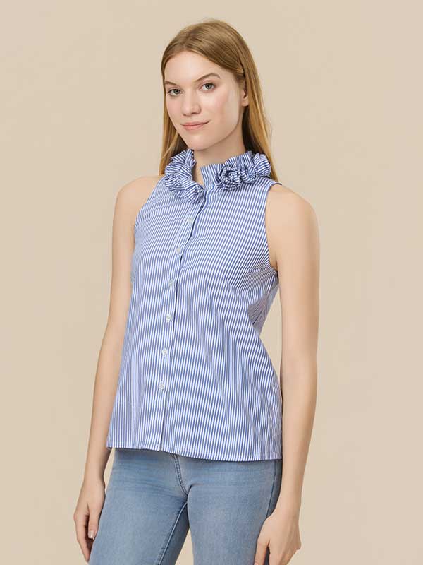 Floral Band Collar Striped Blouse