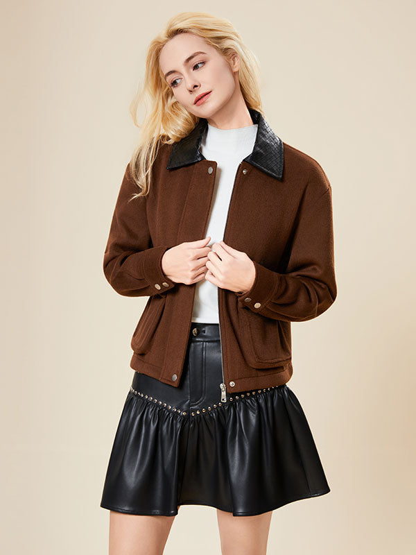 Color Block Metal Buttons Zipper Leather Jacket