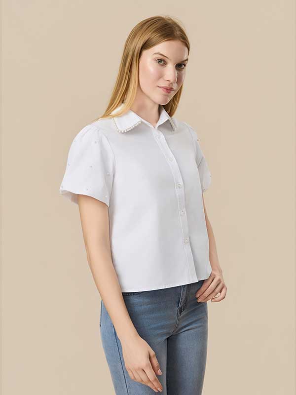 Beading Single Breasted White Shirt
