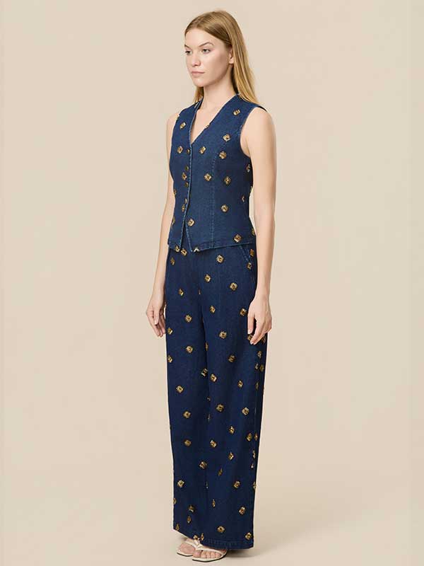 Embroidery V Neck Denim Outfit Sets