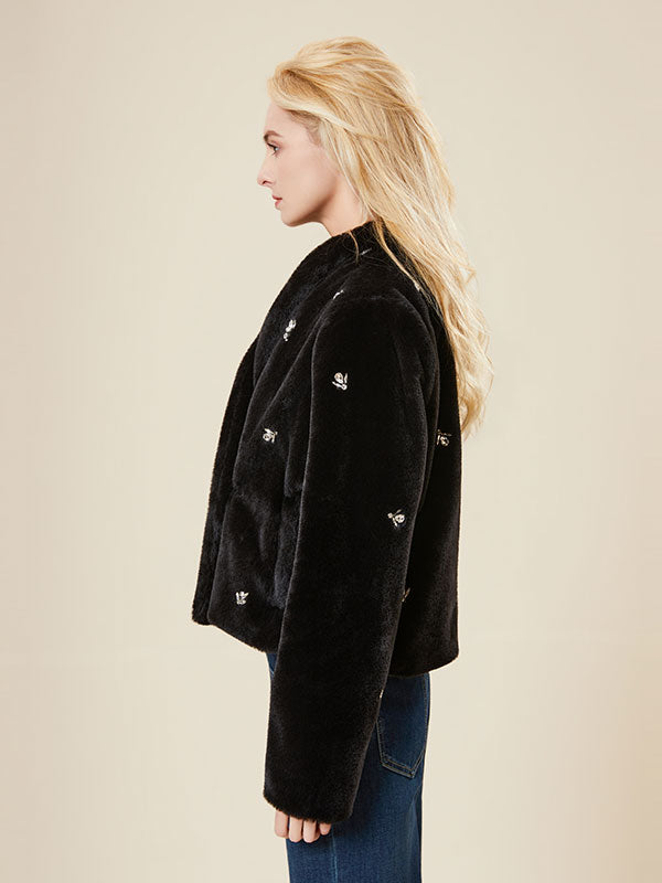 Black Band Collar Diamante Patchwork Coat