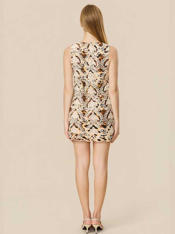 Animal Printed Decorative Lace Mini Dress