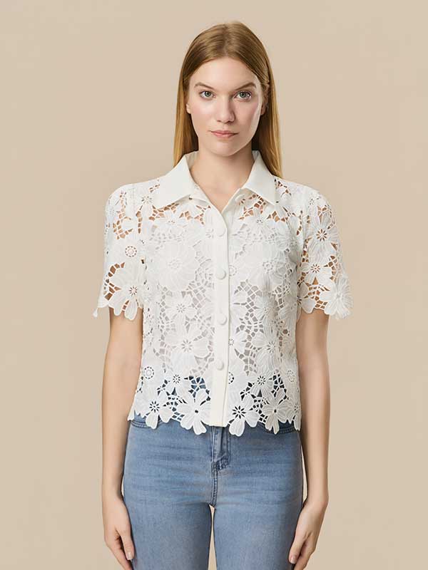 Floral Hollow Out Solid Shirt