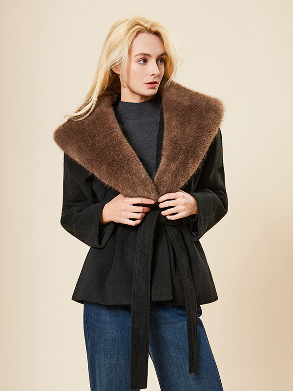 Fur Lapel Belt Patchwork Warm Coat