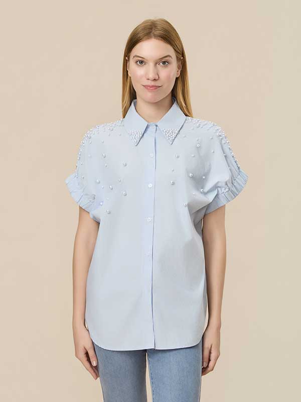Ruffle Trim Beading Patcwork Shirt