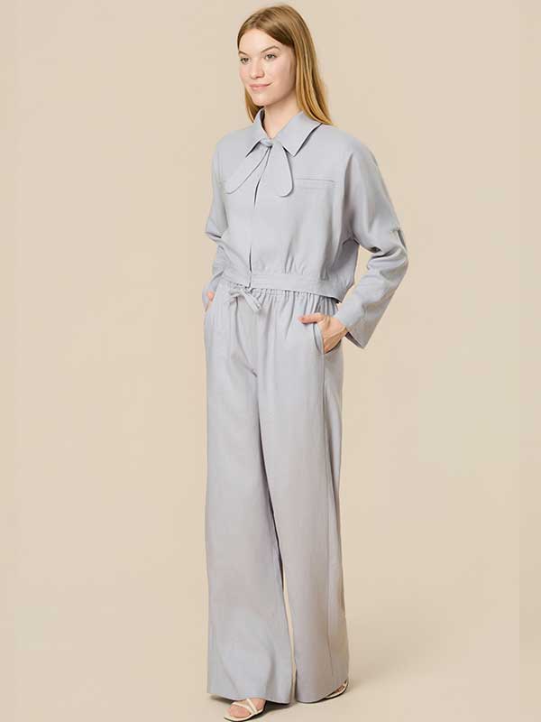 Tie Collar Drawstring Solid Outfit Sets