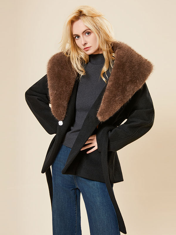 Fur Lapel Belt Patchwork Warm Coat