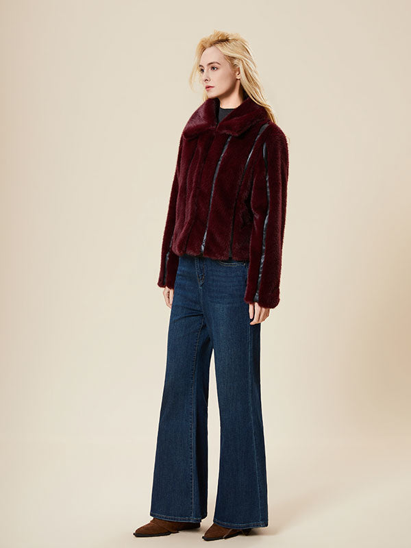 Leather Patchwork Fold Over Collar Fur Coat