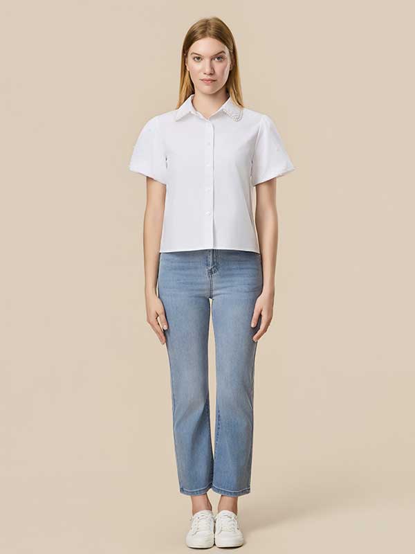 Beading Single Breasted White Shirt