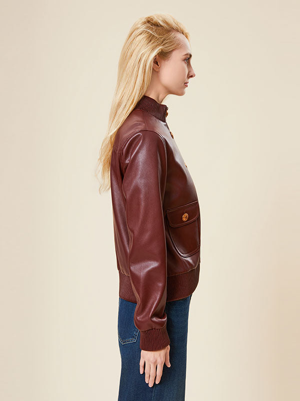 Rib Knit Cuffs Band Collar Leather Jacket