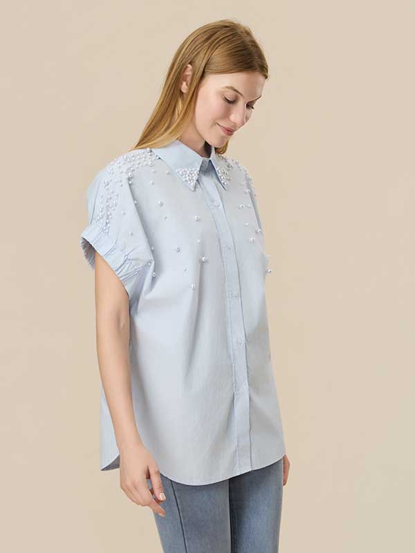 Ruffle Trim Beading Patcwork Shirt
